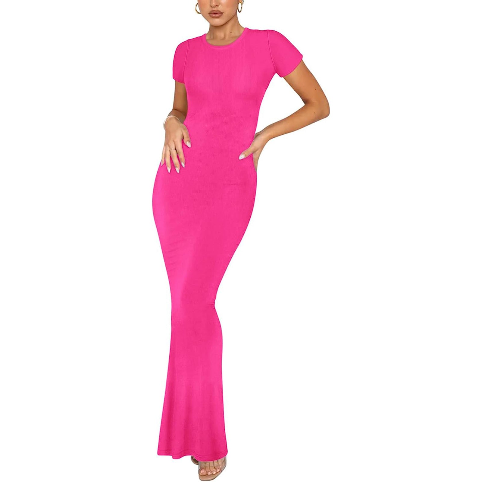 Women's Bodycon Maxi Dress Short Sleeve Round Neck