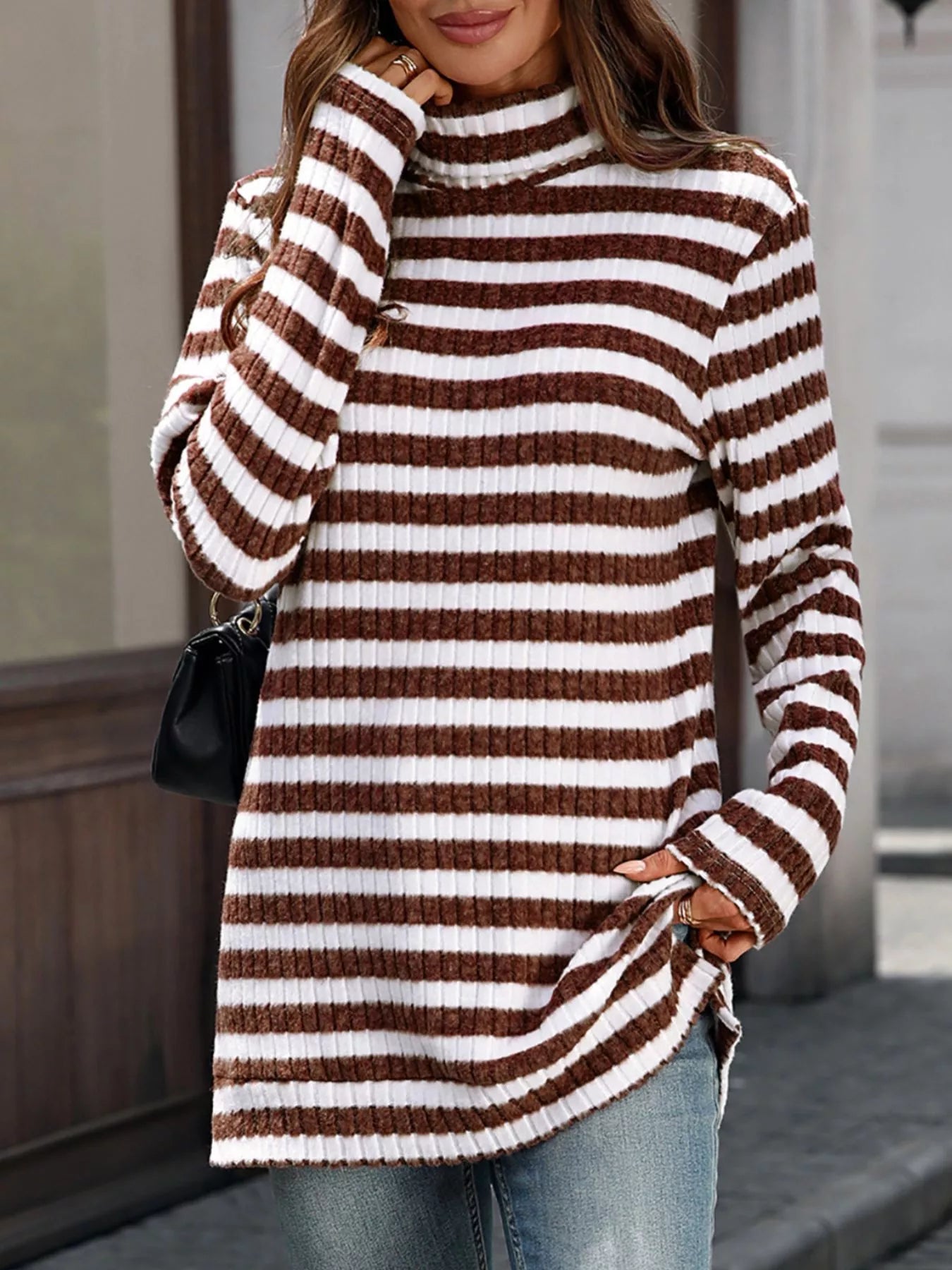 Sarah Express Women's Striped Turtleneck Long Sleeve Knit Top Rust