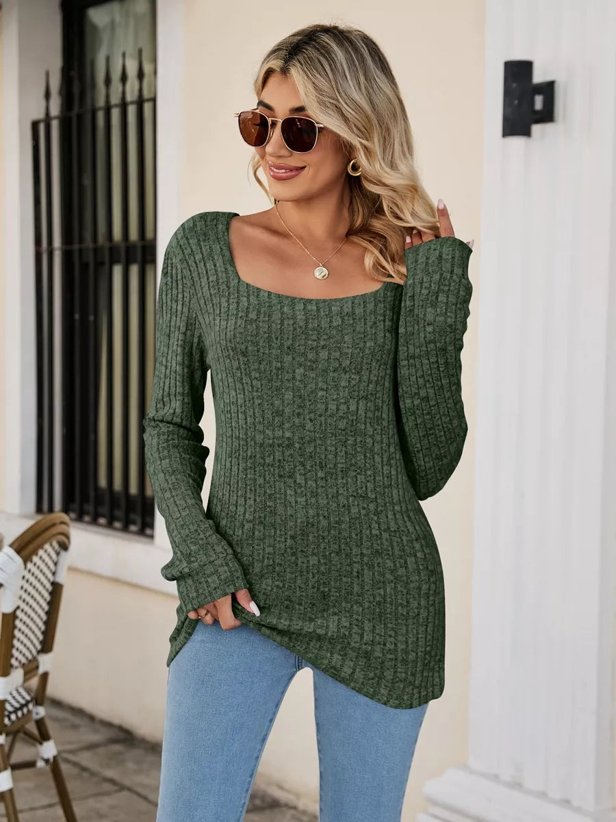 Sarah Express Women's Ribbed Square Neck Long Sleeve T-Shirt Dark Green