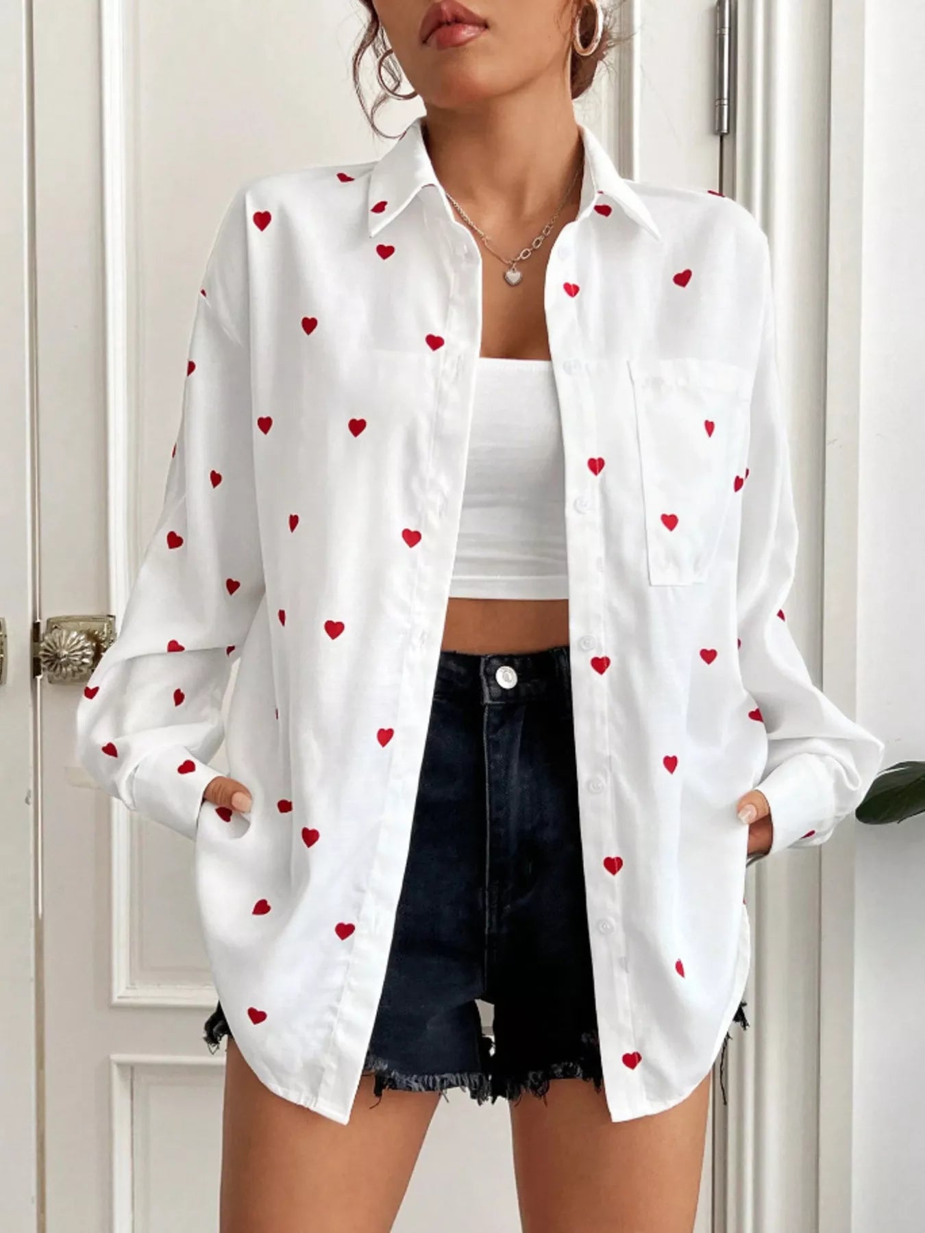 Sarah Express Women's Heart Button Up Oversized Shirt
