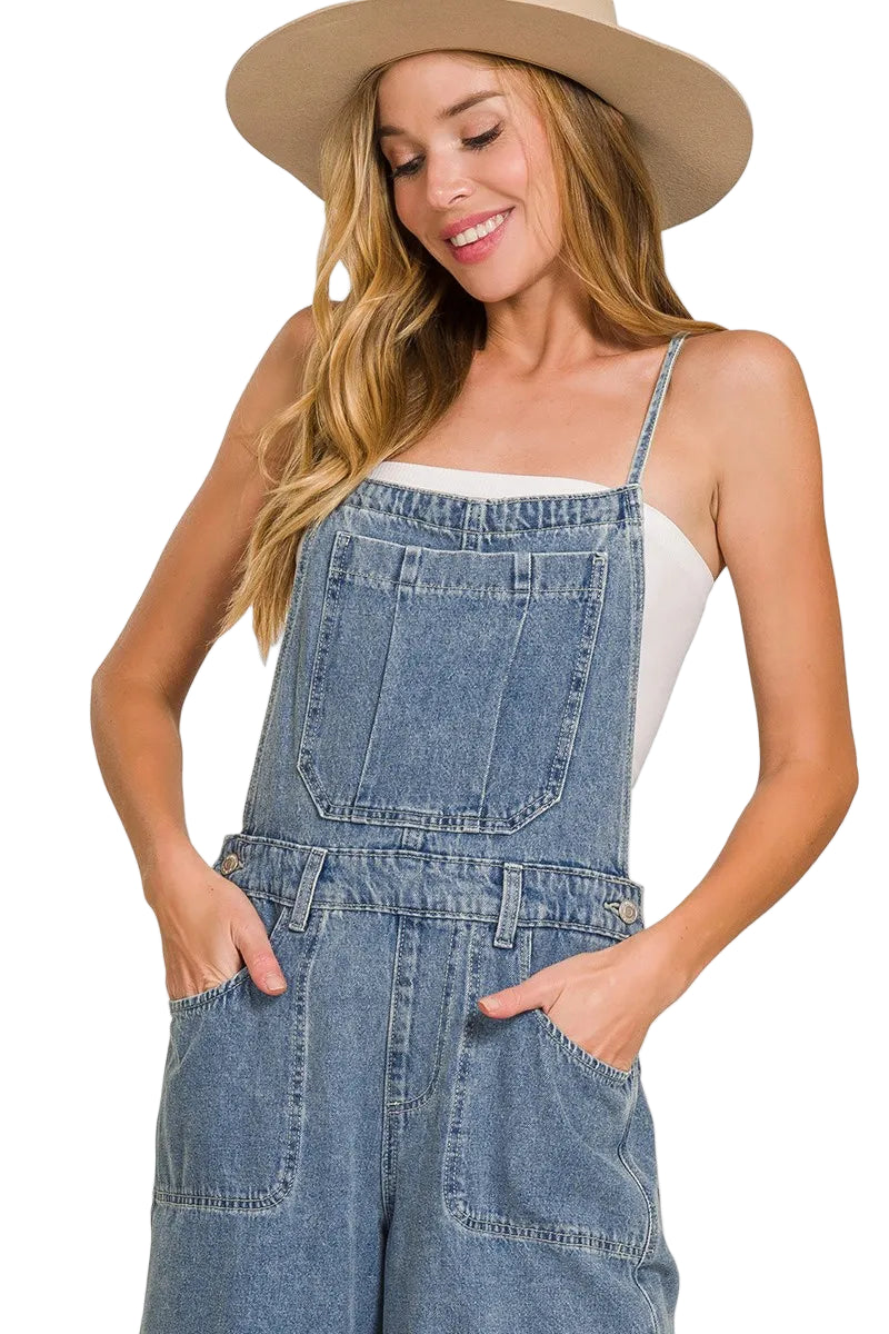 Sarah Express Women's Wide Leg Denim Overalls - Medium Wash Cotton for Casual & Weekend