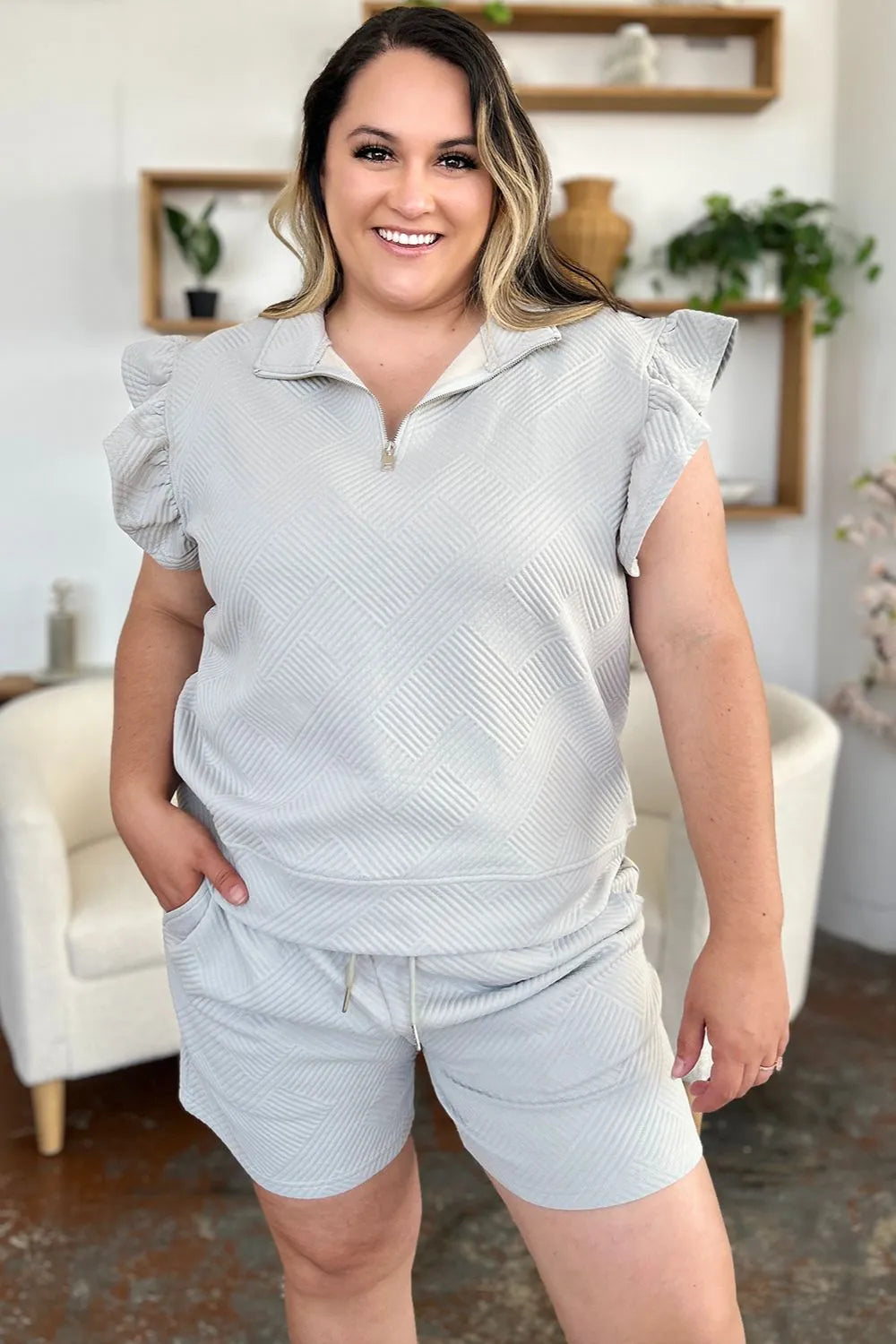 Sarah Express Women’s Plus Size Textured Flounce Sleeve Top and Shorts Set