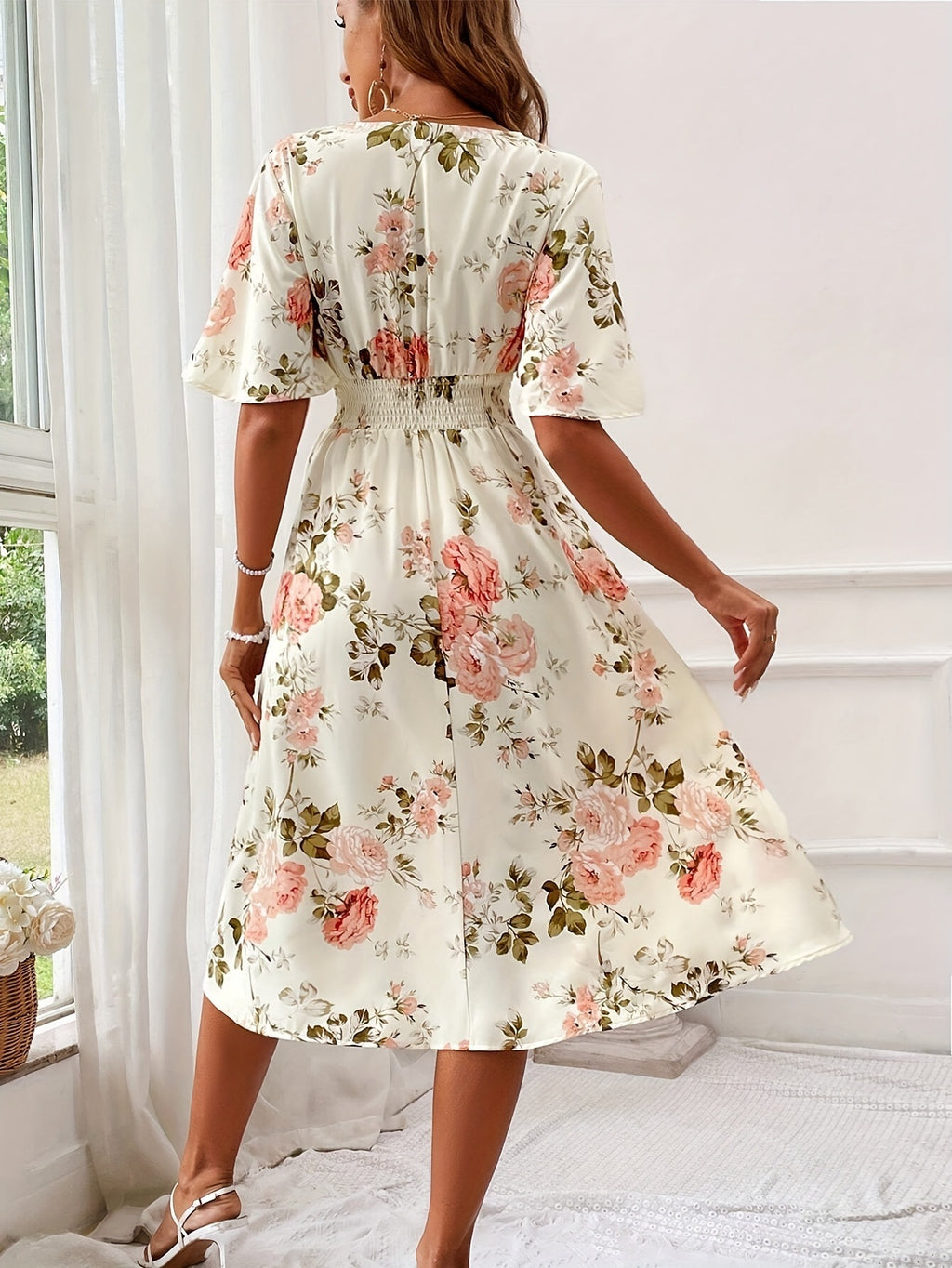 Women's Floral Print Smocked Waist Maxi Dress with Belt A-Line