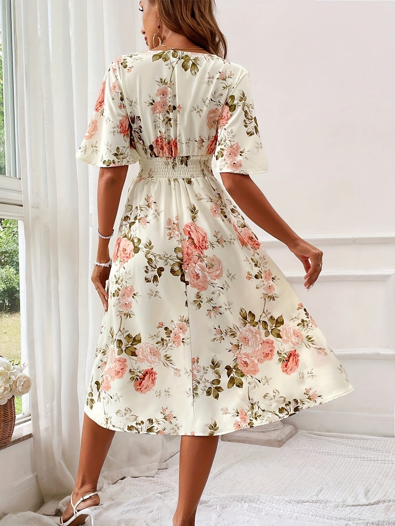 Women's Floral Print Smocked Waist Maxi Dress with Belt A-Line