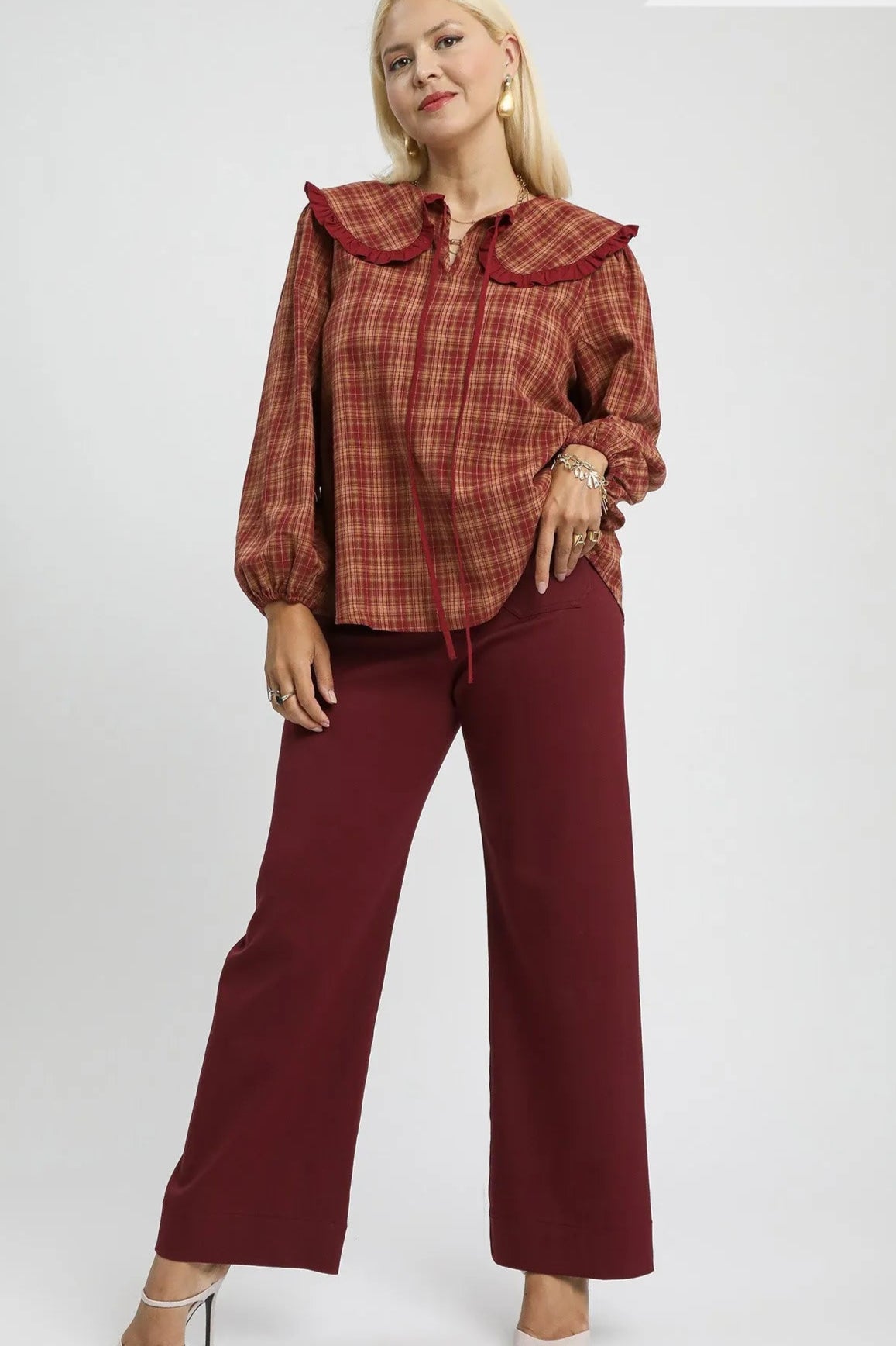 Sarah Express Women’s Plus Size Plaid Ruffle Collar Blouse Casual Fall Winter