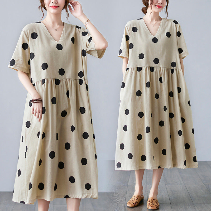 Sarah Express Women's Cotton Linen V-Neck Maxi Dress - Summer Work Casual Short Sleeve Apricot One Size