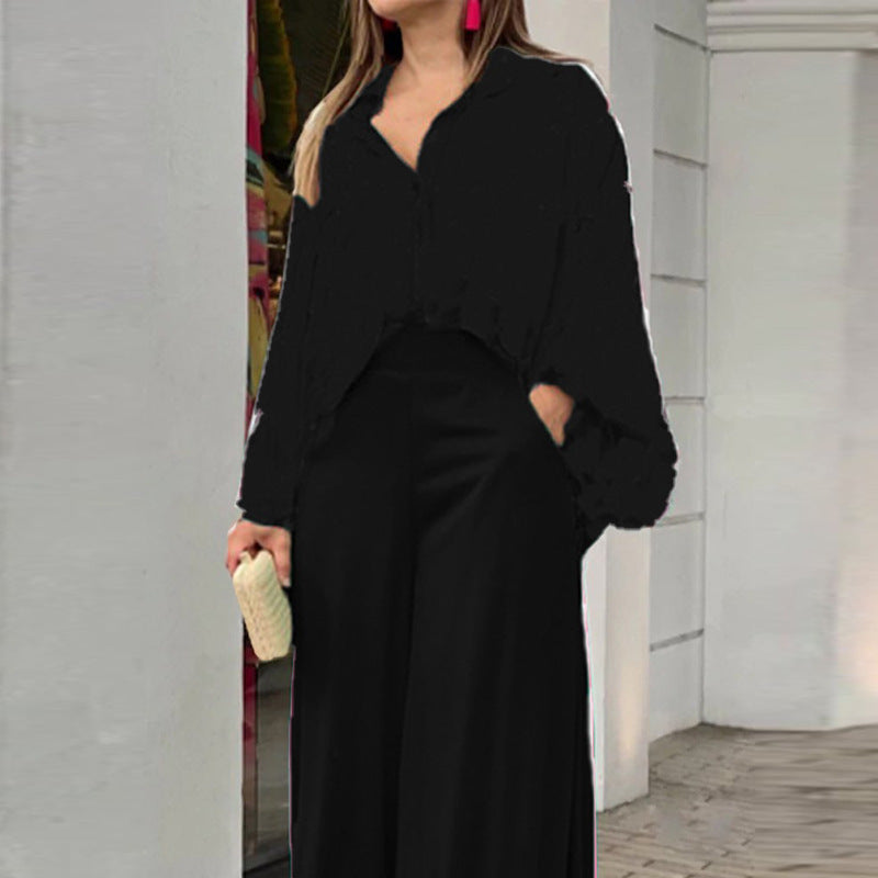 Women's Printed Shirt Wide Leg Pants Set Long Sleeve