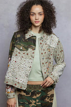 Sarah Express Women's Floral Printed French Terry Jacket with Crochet Contrast OLIVE MULTI