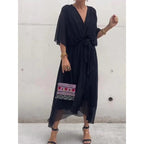 Women's Batwing Sleeve V-Neck Dress Summer Tie Detail Irregular Hem Mid-Length Fairy Dress