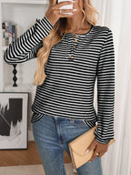 Sarah Express Women's Striped Button Detail Long Sleeve Top