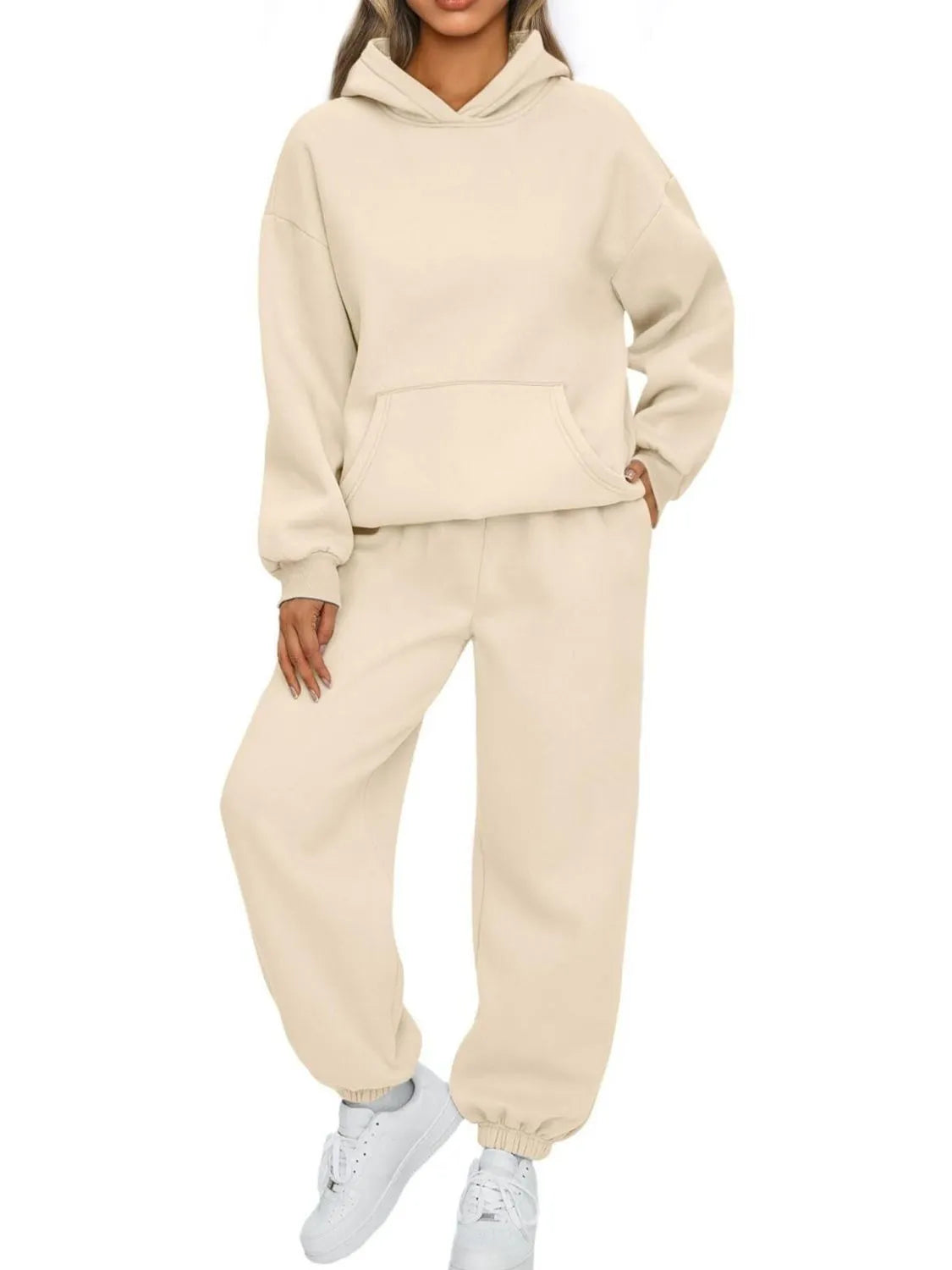 Sarah Express Women's Kangaroo Pocket Hoodie and Joggers Set Plus Size Apricot