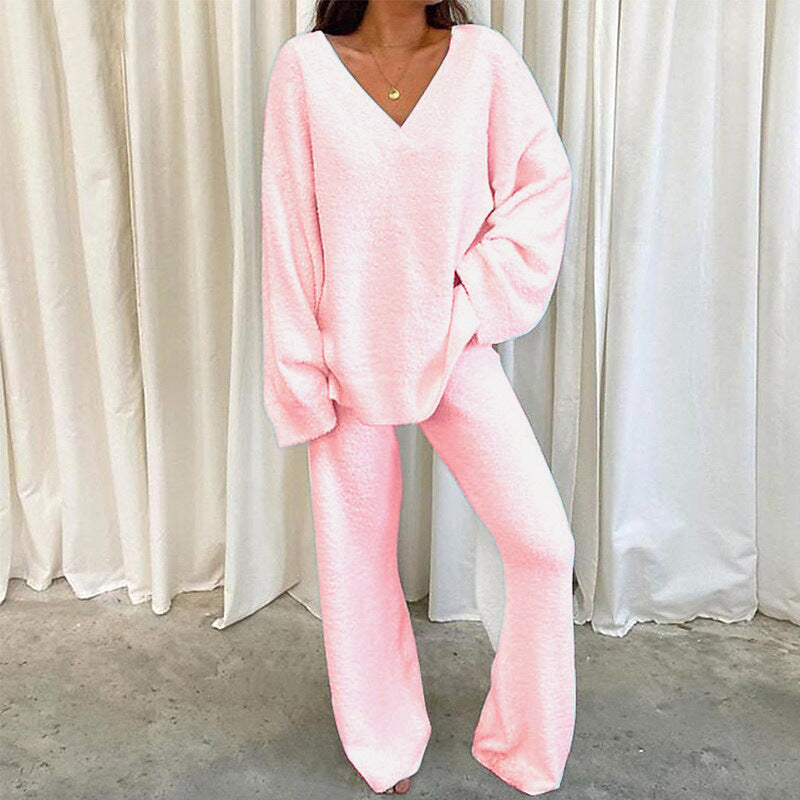 Women's V-Neck Long Sleeve Two-Piece Lounge Set with Pants