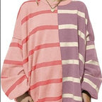 Women's Striped Knit Sweater Long Sleeve Pullover Loose Fit Acrylic