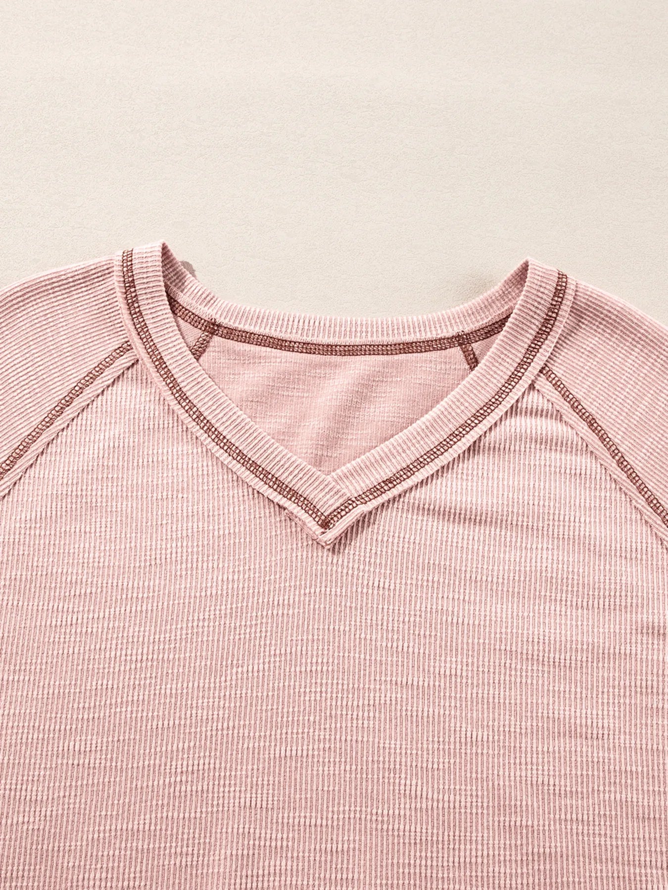 Sarah Express Women's Exposed Seam Ribbed Knit V Neck Top