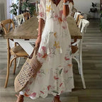 Women's Floral Print V-Neck Maxi Dress Short Sleeve A-Line Pullover