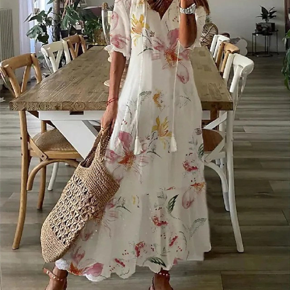 Women's Floral Print V-Neck Maxi Dress Short Sleeve A-Line Pullover
