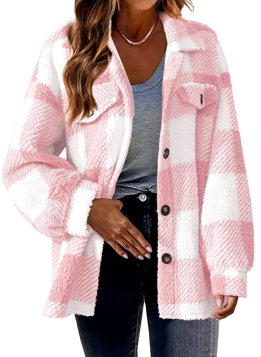 Women's Striped Plush Jacket - Button-Front Shacket Coat in 8 Colors - Loose Fit S-5XL Plus Size