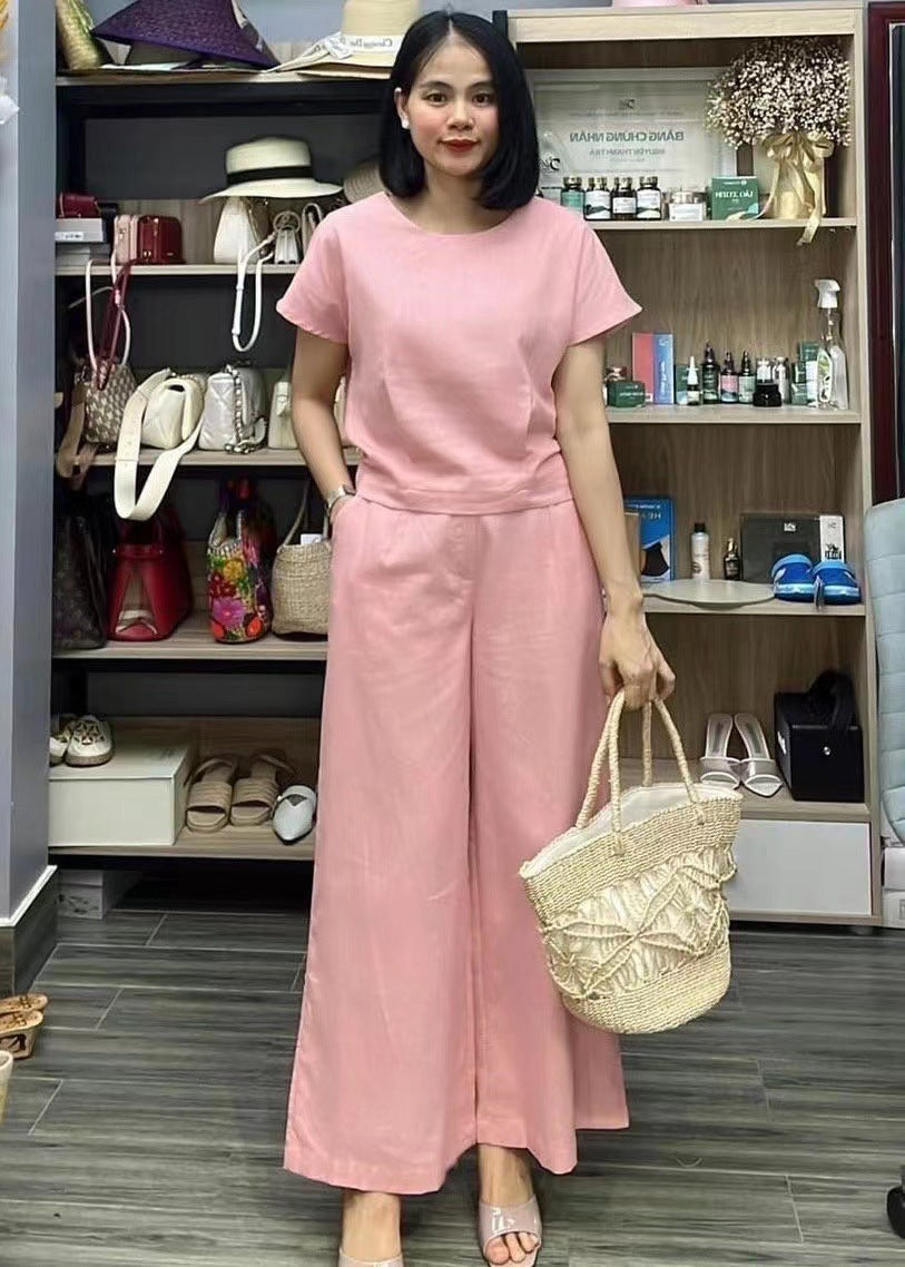 Cotton Linen Two-Piece Set Casual Loose Top Pants Outfit
