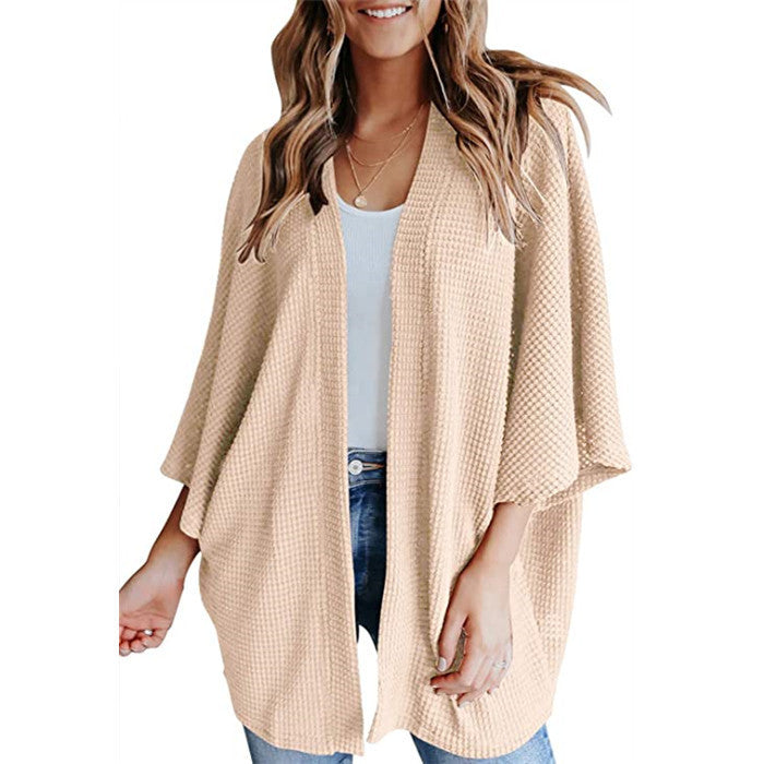 Women's Waffle Knit Bat Sleeve V-Neck Cardigan