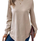 Women's Crew Neck Long Sleeve Casual Shirt Embossed Texture