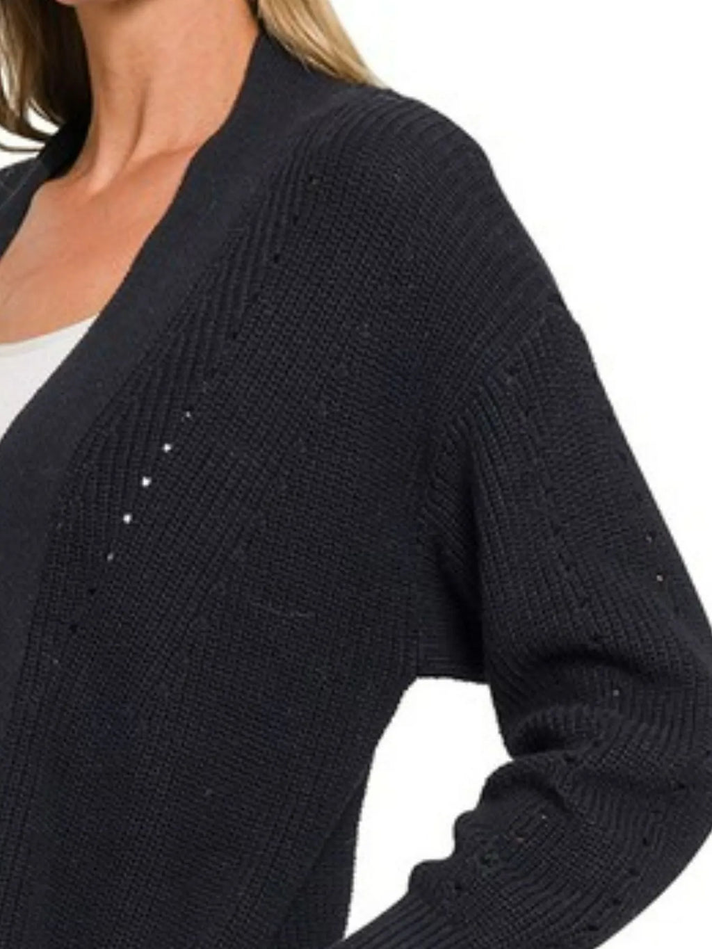 Sarah Express Women’s Eyelet Open Front Sweater Cardigan with Pockets
