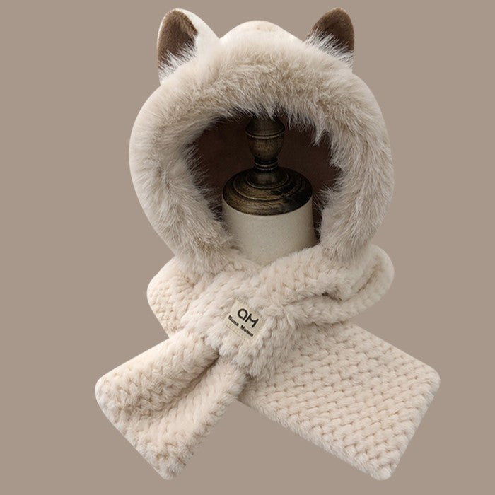 Furry Fox Ear Winter Hat with Neck Warmer Windproof Accessory