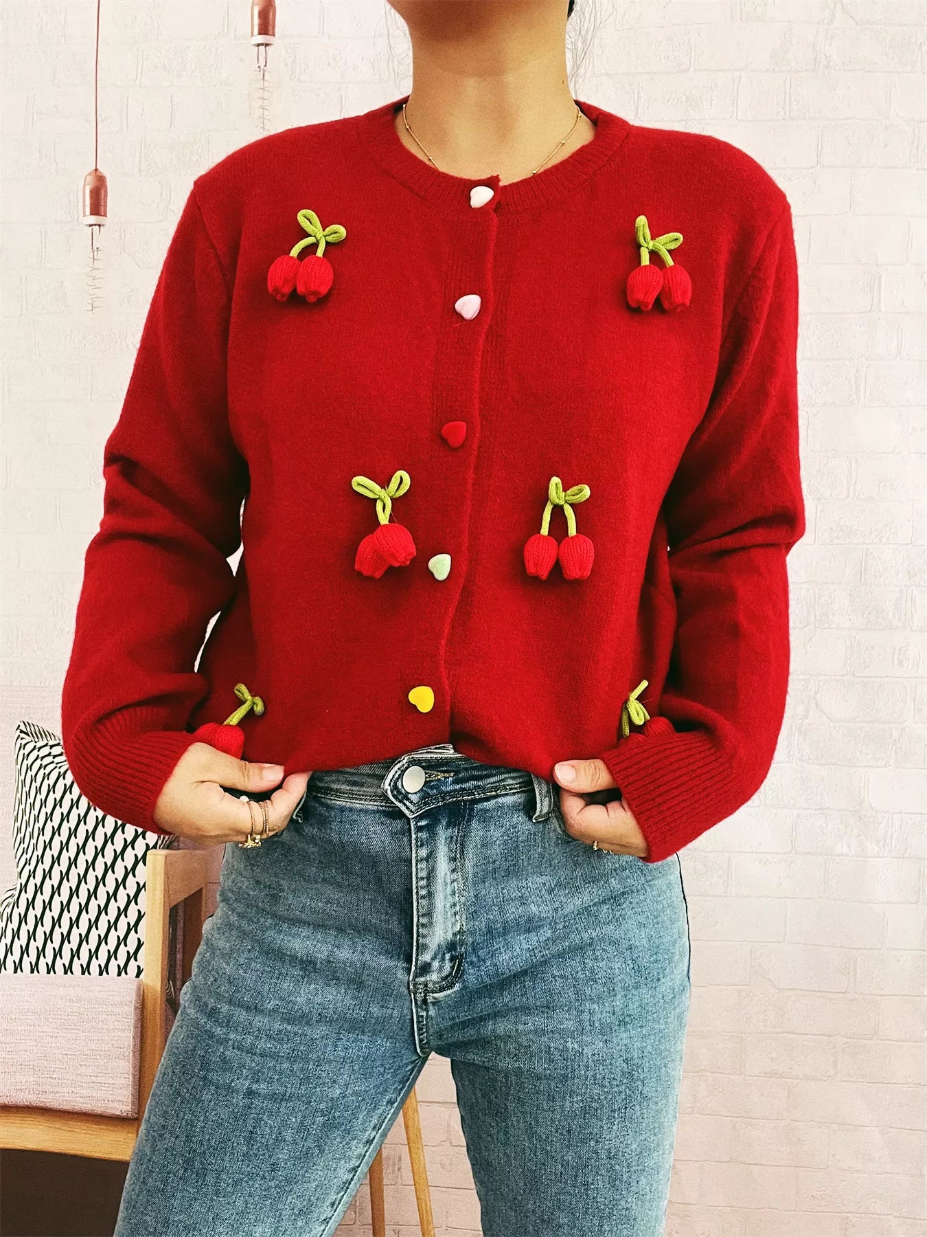 Sarah Express Women's Flower Button Up Long Sleeve Cardigan Red One Size