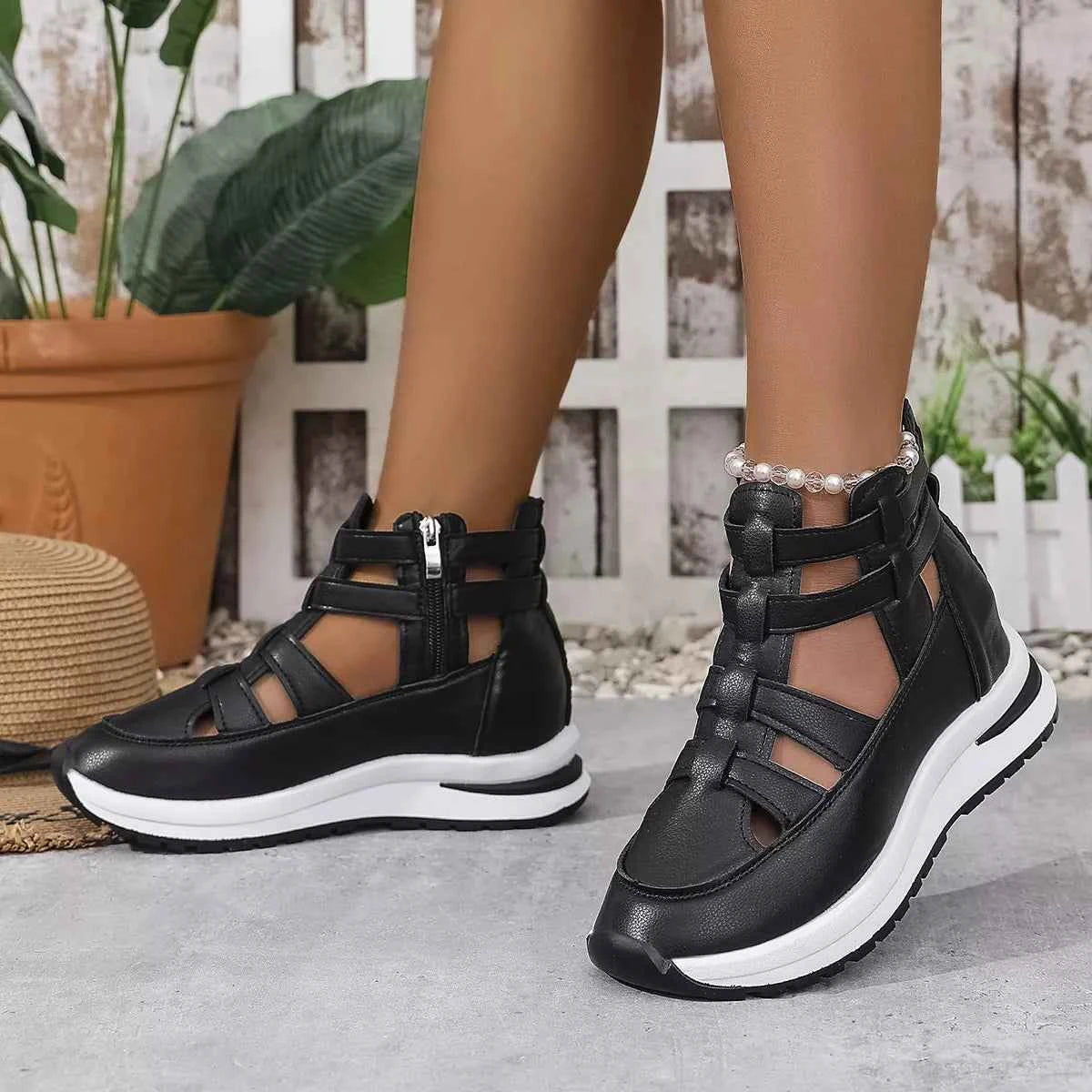 Sarah Express Women's Cutout Platform Sneakers | Low Heel PU Leather Shoes