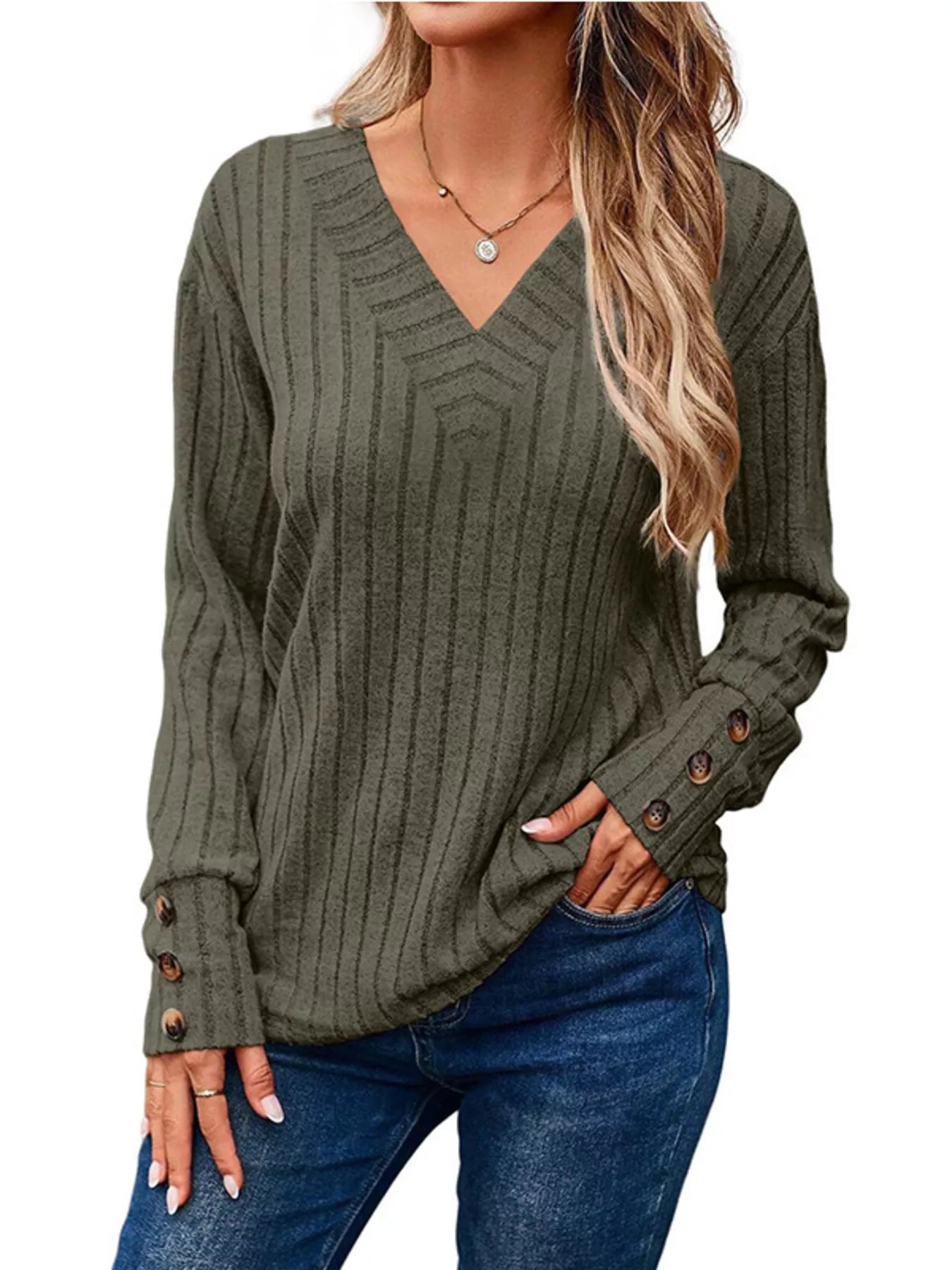 Sarah Express Women's Ribbed V-Neck Long Sleeve Top Army Green
