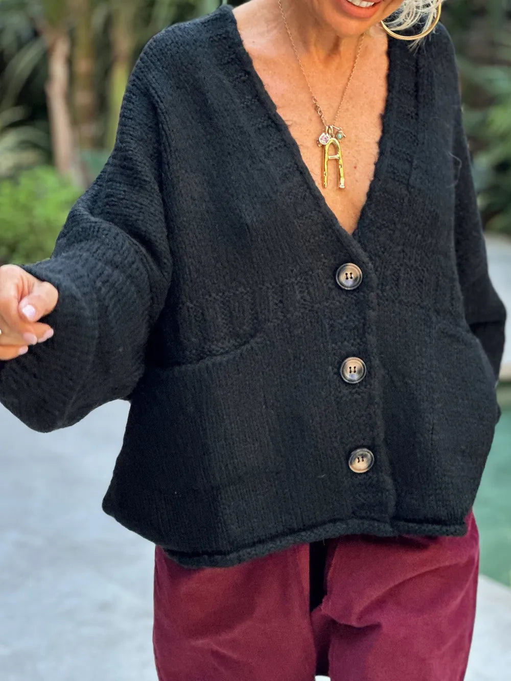 Sarah Express Women's Pocketed V-Neck Button Up Cardigan