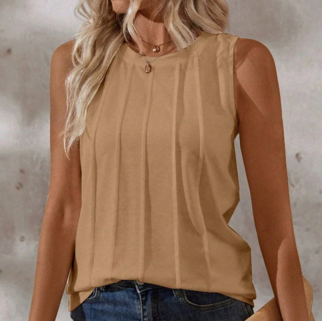 Round Neck Pleated Tank Top Sleeveless Loose Fit Button Detail