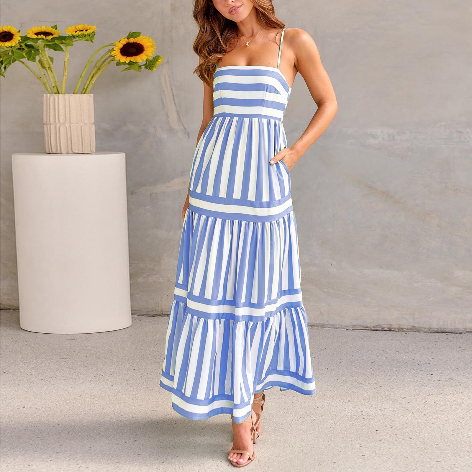 Striped Square Neck Maxi Dress Backless Suspender with Pockets