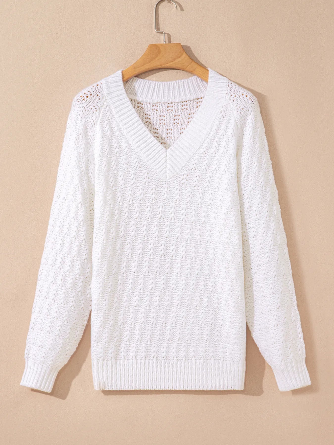 Sarah Express Women's Textured Knit Ribbed Edge V Neck Loose Sweater