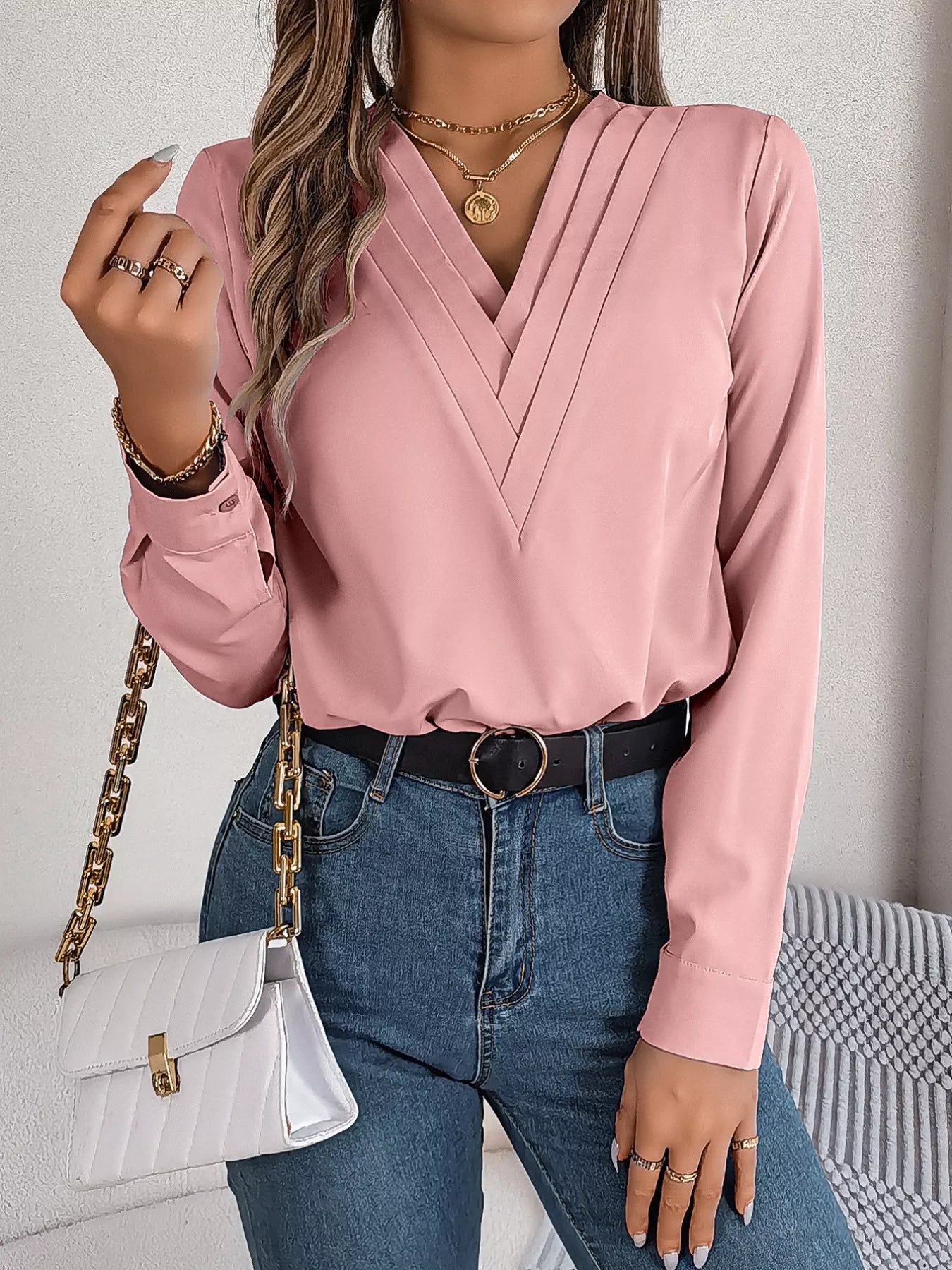 Sarah Express Women's Layered V-Neck Long Sleeve Blouse Blush Pink