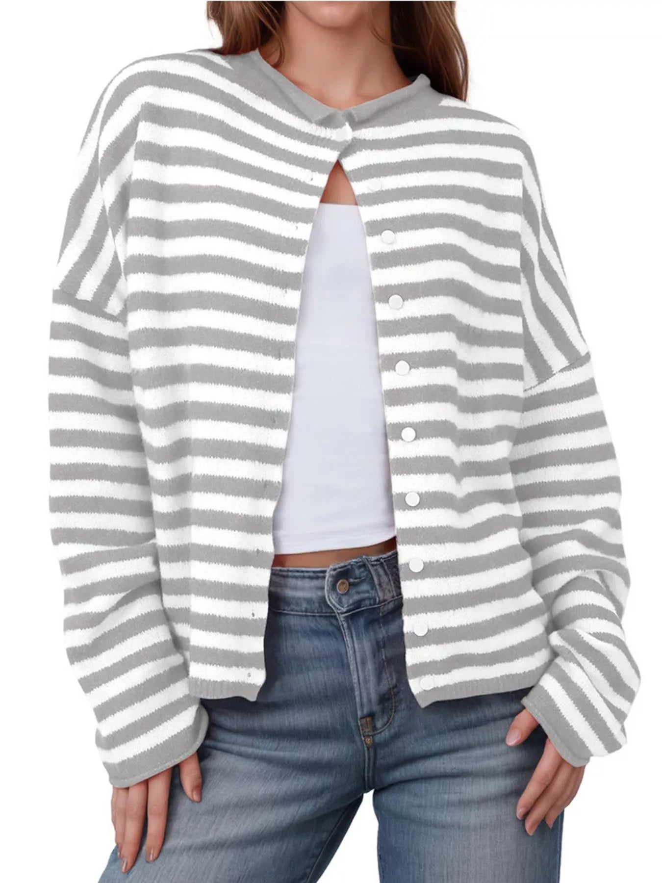 Sarah Express Women's Striped Button-Up Cardigan Gray