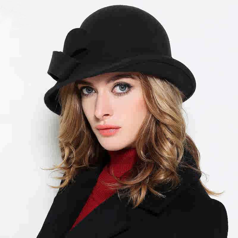 Women's French Style Retro Bowler Hat Dome Crown with Bow Accent Polyester