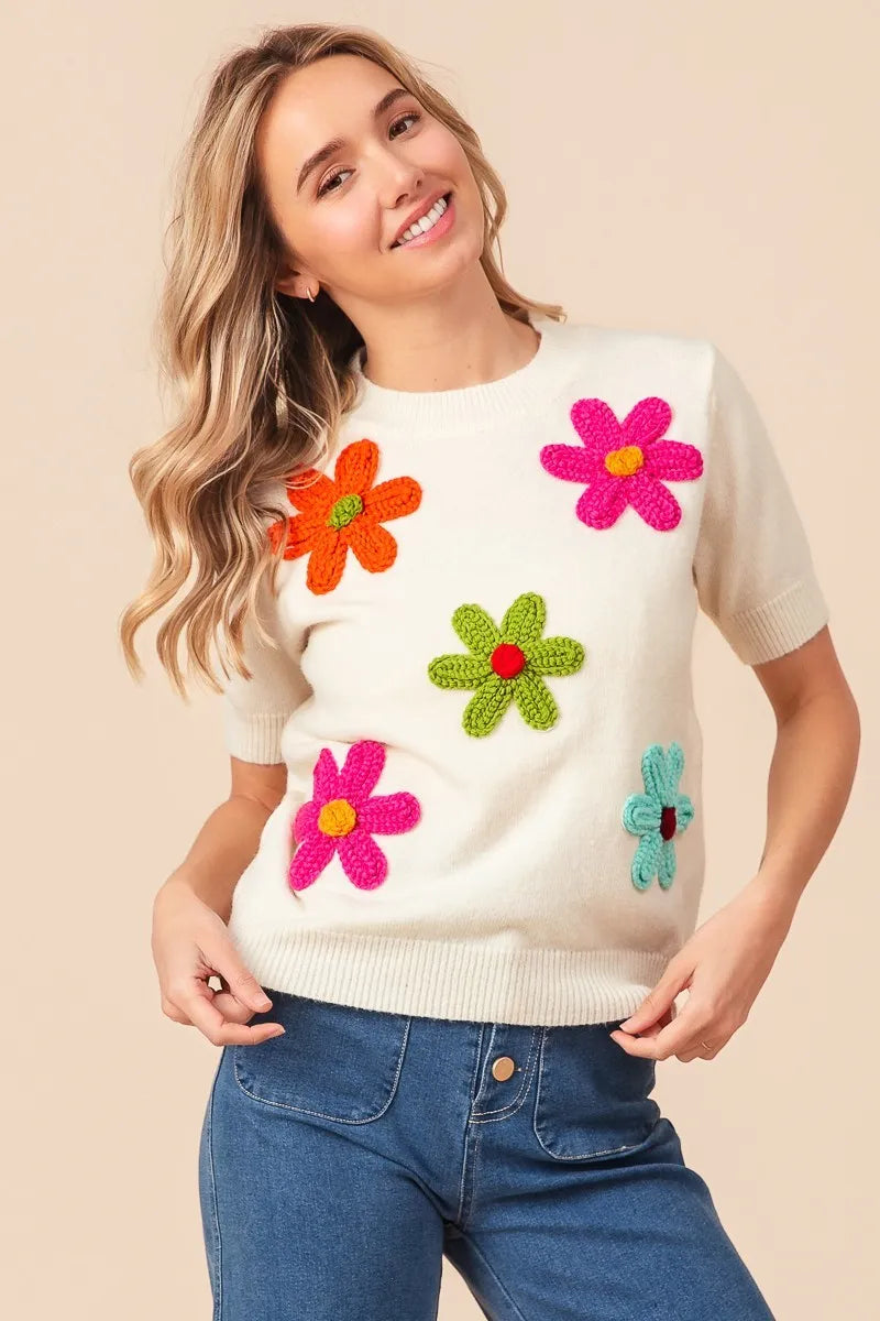 Sarah Express Women’s Short Sleeve Sweater with Crochet Flower Patches
