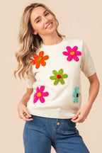 Sarah Express Women’s Short Sleeve Sweater with Crochet Flower Patches
