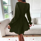 Women's V-Neck Long Sleeve Double Layer Skirt Work Dress