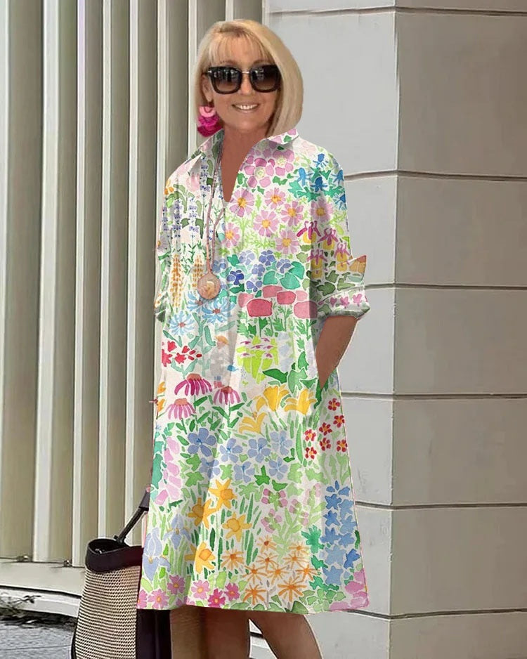 Women's Polo Collar Shirt Dress Long Sleeve Mid Length Cotton Blend Casual