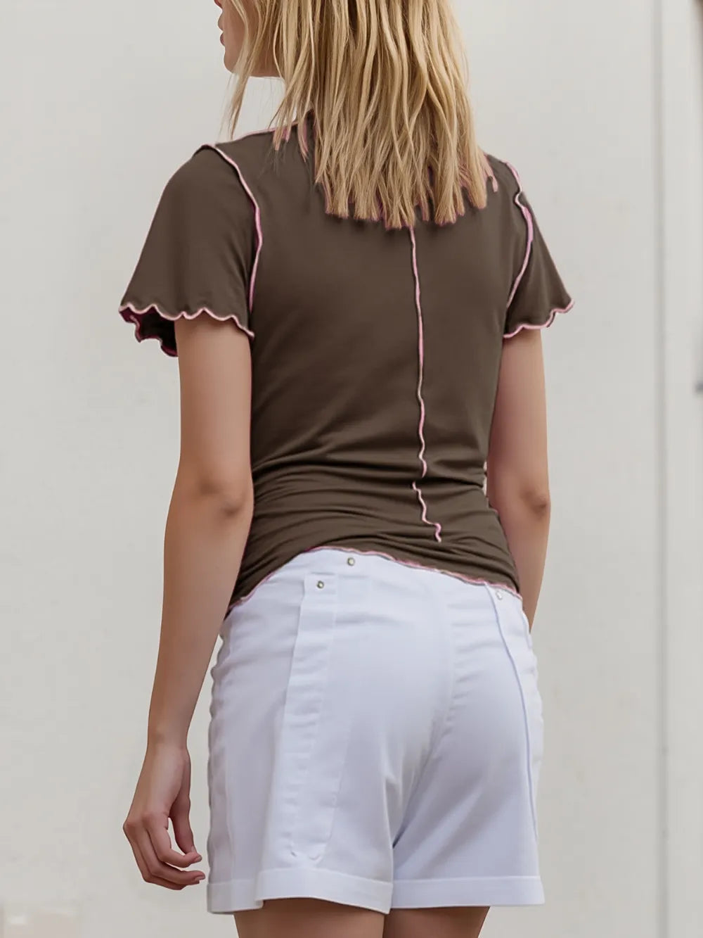 Sarah Express Women's Contrast Trim Mock Neck Short Sleeve T-Shirt - Stretchy Viscose Blend Basic Tee