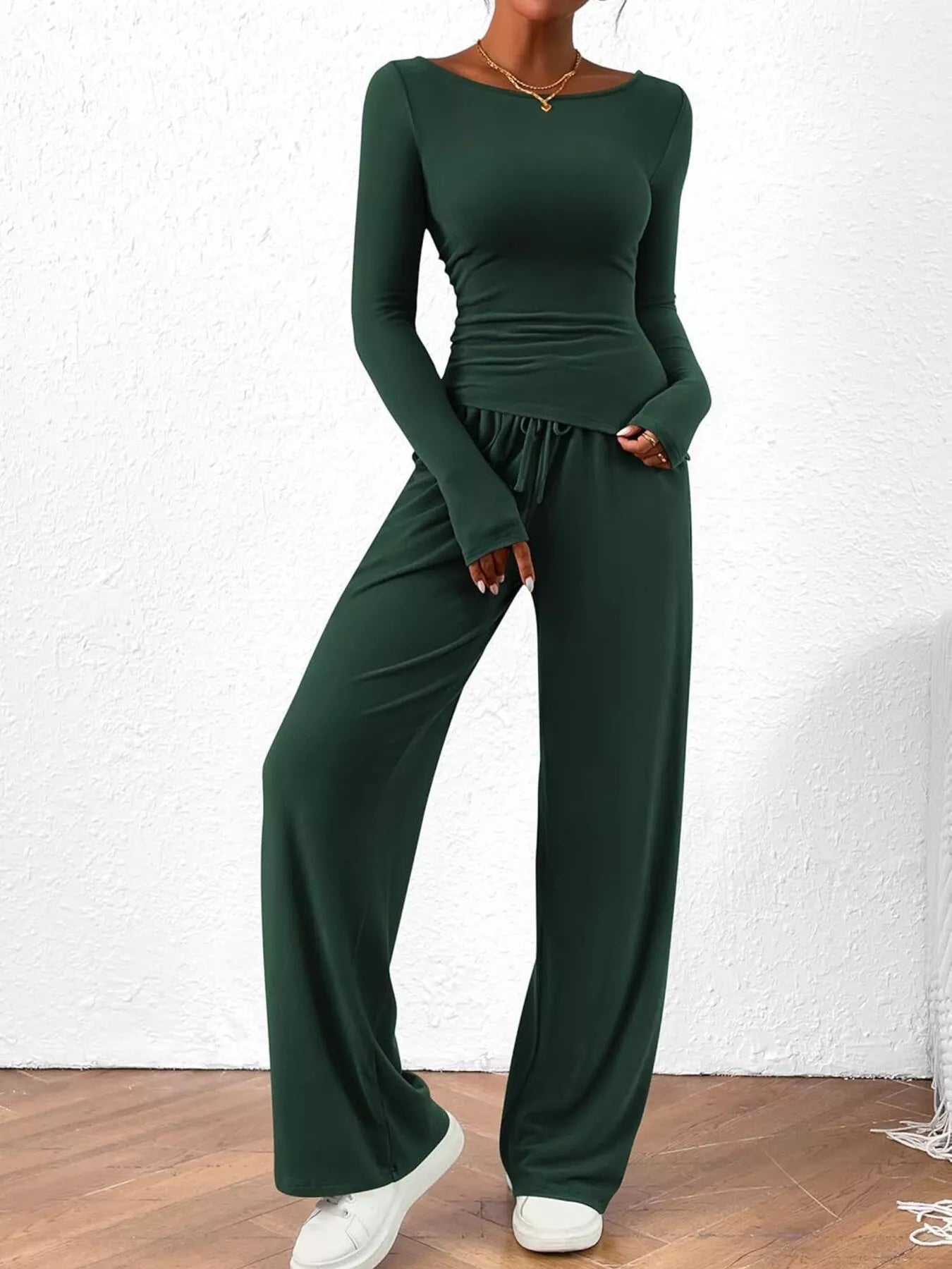 Sarah Express Women's Long Sleeve Top and Wide Leg Pants Set - Two Piece Outfit Dark Green