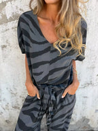 Sarah Express Women's Zebra Print V-Neck Top and Pants Set