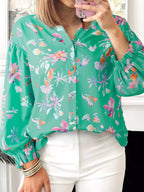 Sarah Express Women's Floral Lantern Sleeve Button Front Shirt Turquoise