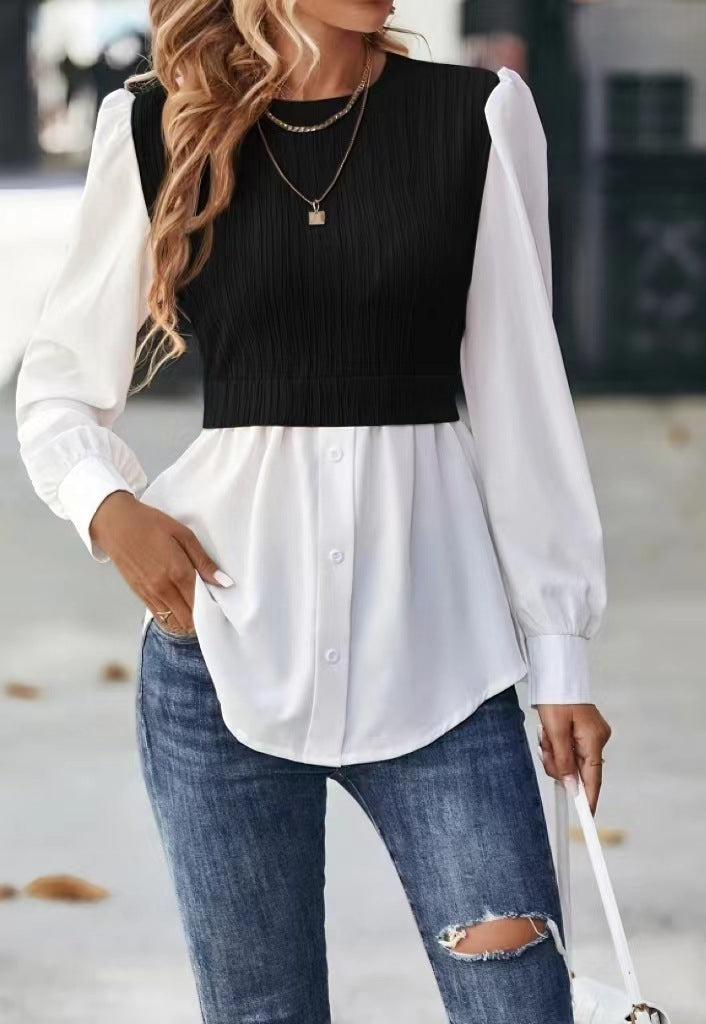 Wavy Stripe Blouse Long Sleeve Stitching Detail Pullover Top