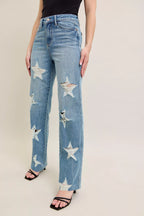 Sarah Express Women’s Plus Size High Rise 90's Straight Jeans with Star Destroy
