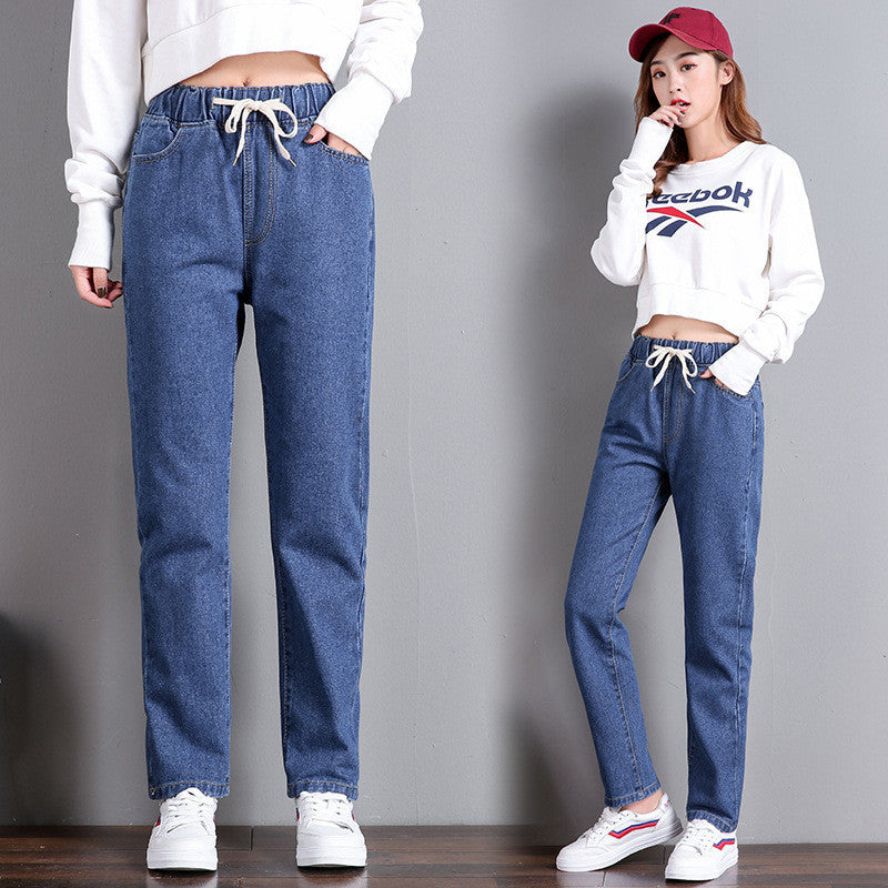Women's High Waist Straight Leg Cropped Denim Jeans Elastic Waist