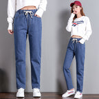 Women's High Waist Straight Leg Cropped Denim Jeans Elastic Waist