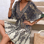 Women's Paisley Print Batwing Sleeve Ruffle Hem Dress Tassel Tie Front