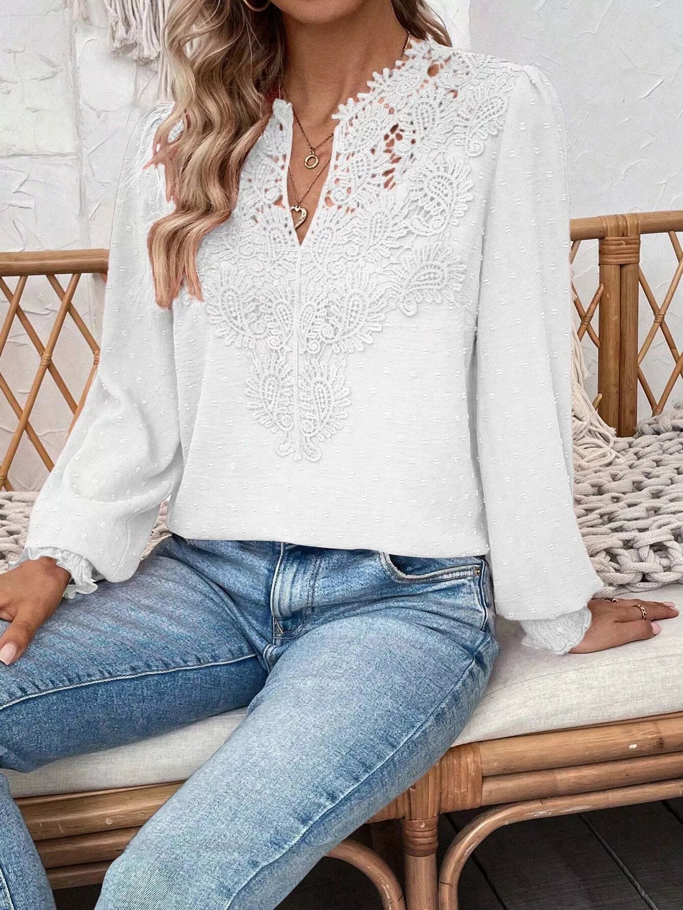 Sarah Express Women's Lace Trim Long Sleeve Blouse White